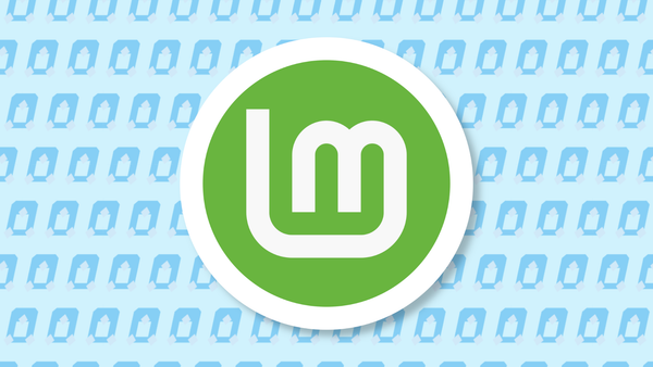 The Linux Mint logo on top of a blue repeating pattern of Tux characters.