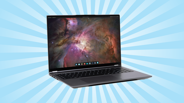 The System76 Pangolin Pro laptop on a blue sunshine pattern background. The laptop shows the COSMIC desktop environment.