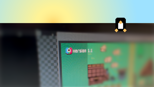 The Pixelorama logo and version number in focus in a photo below a gradient banner and a tux icon.