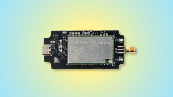 A top view of the MeshToad V3 radio module on a yellow-to-blue gradient background.