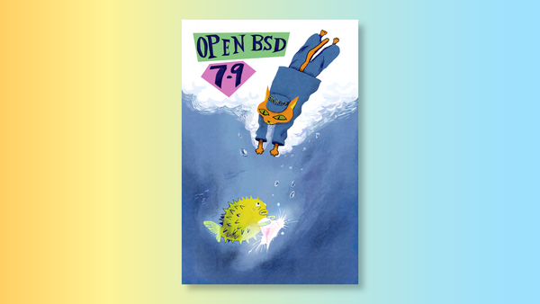 The OpenBSD 7.9 release poster featuring an orange cat wearing a security uniform diving into water where a yellow puffer fish swims holding a shiny gem.