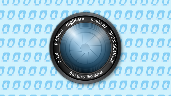 The digiKam app icon that reads inside a camera's shutter "1:1,8 f=50mm digiKam made as OPEN SOURCE www.digikam.org", over a blue penguin pattern.