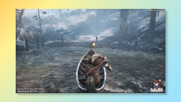 A screenshot of the game God of War (2018) with a gradient border, showing characters in a boat approaching a dock, with the felix86 logo in the bottom-right corner of the screenshot.