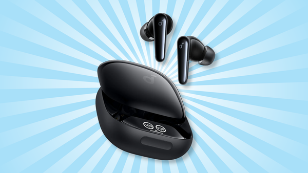The Soundcoure Liberty Pro 4 wireless earbuds and charging case, over a blue starburst-pattern background.