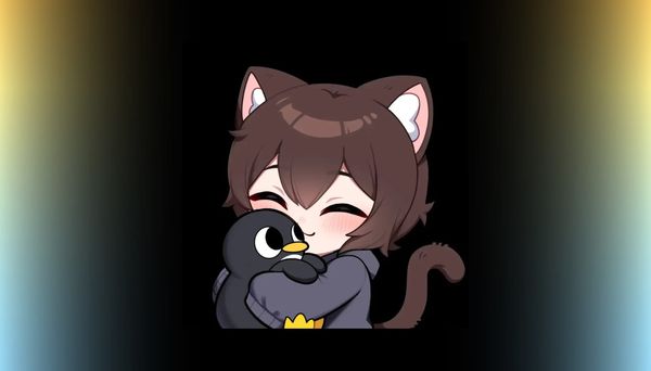 The felix86 logo, featuring a person with cat-like ears and a tail hugging affectionately a penguin, over a black background surrounded vignette-style with blue and yellow gradients.