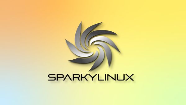 The SparkyLinux logo on an orange, yellow, and blue gradient background.