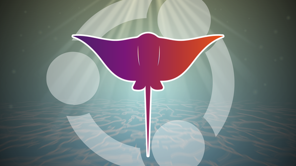 An underwater scene with an faint Ubuntu logo over it and a stingray with a purple and orange gradient.