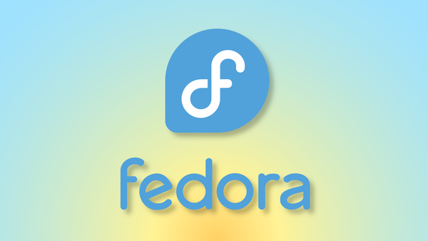 The Fedora logo on a yellow-to-blue sunrise background.