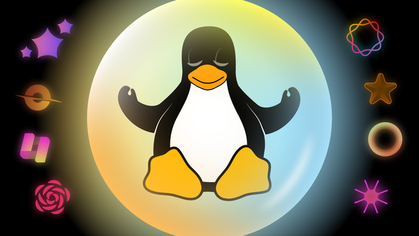 A penguin meditating inside of a bubble. Outside the bubble are various AI-style logos in the shape of stars and circle.