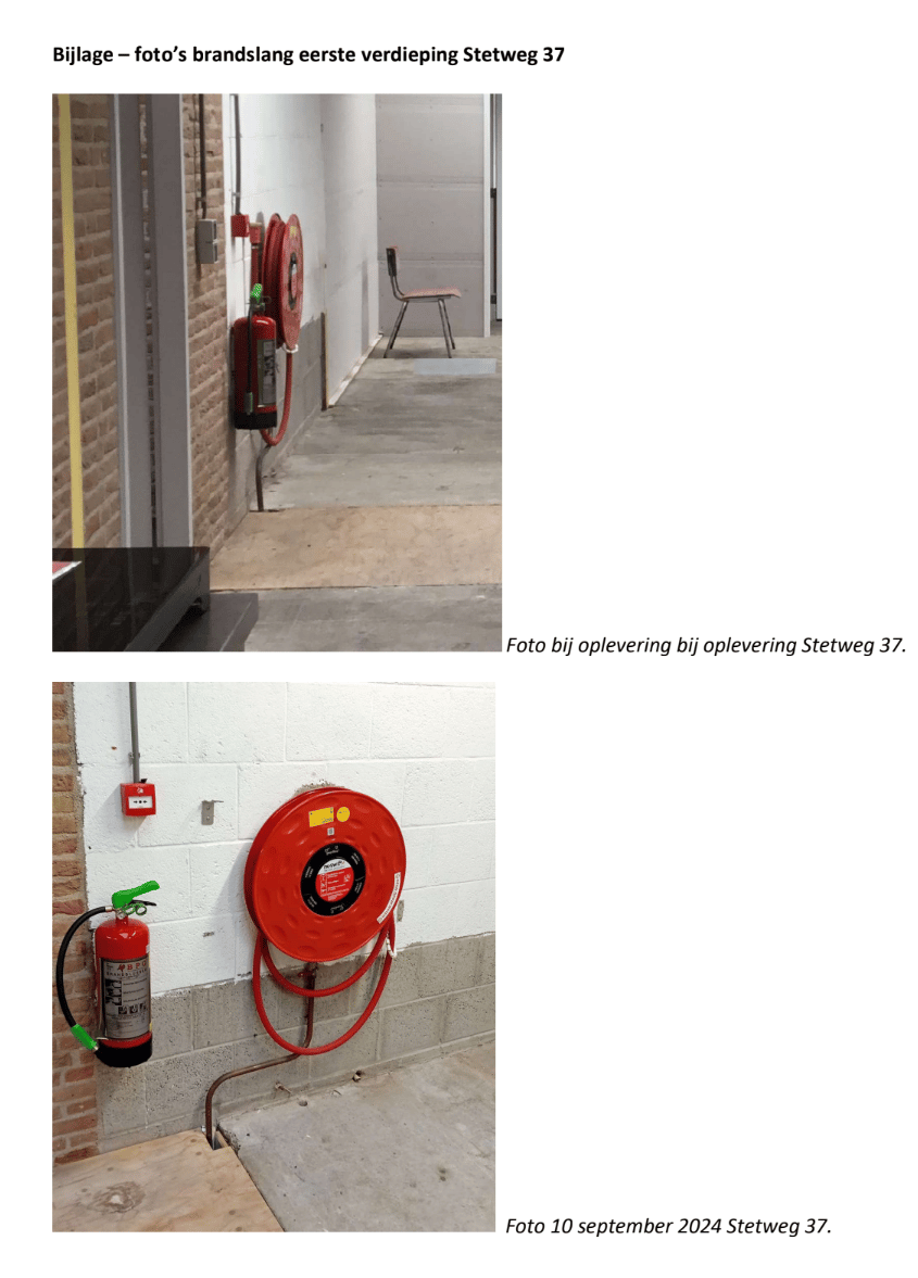 Foto’s die volgens B&W duidelijk maken dat er met een brandslang is geknoeid.