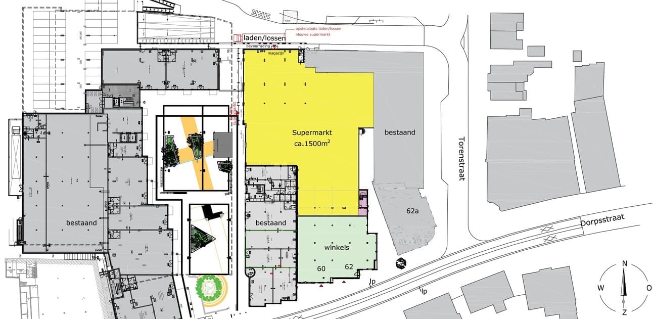 De voorgestelde nieuwe situatie, met voor in het Rabobank-pand twee winkelruimtes en erboven een supermarkt in plaats van Xenos en Cosmo