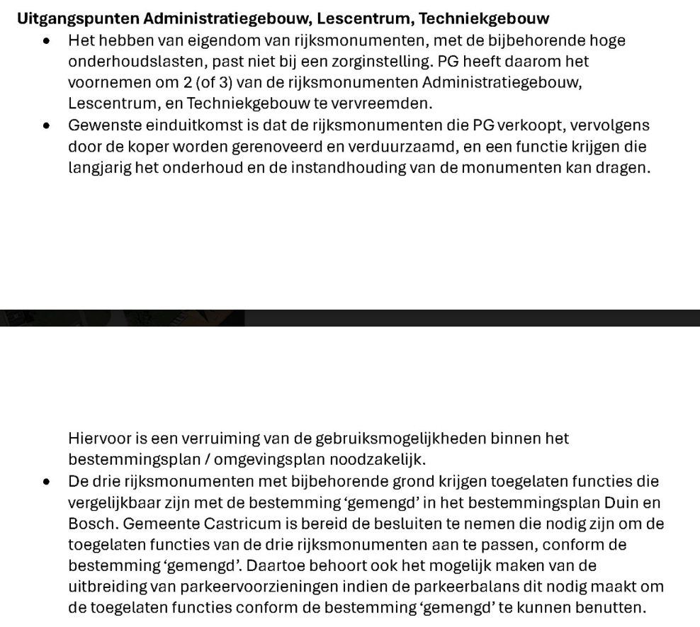 Screenshot uit een concept-document van Parnassia Groep met uitgangspunten voor het realiseren van circa honderd flexwoningen