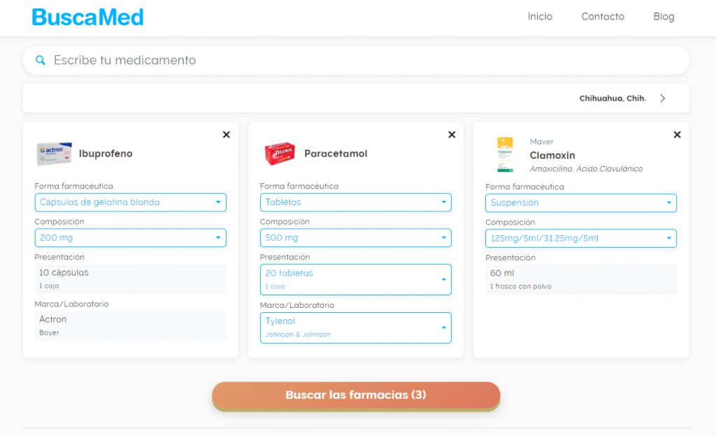 Búsqueda de tres medicamentos: ibuprofeno, paracetamol y Clamoxín.