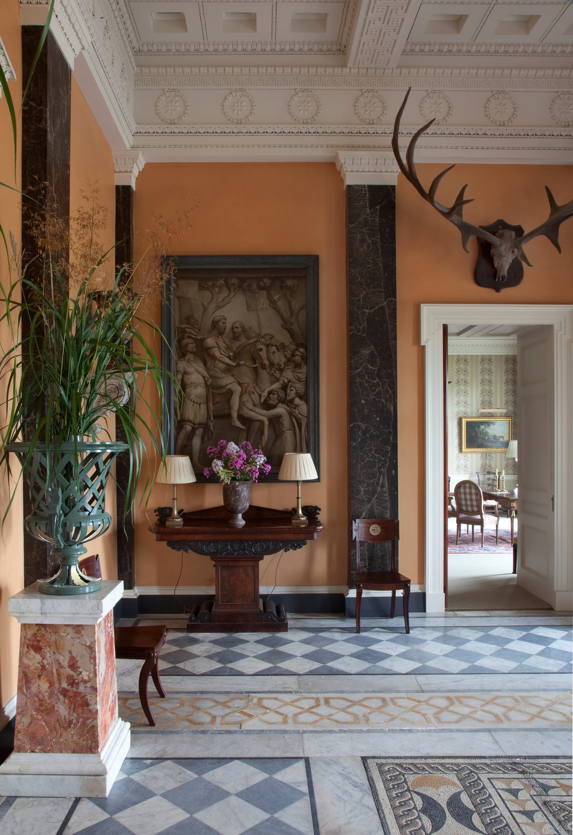 Entrance hall at Ballyfin, with Irish elk antlers above the door