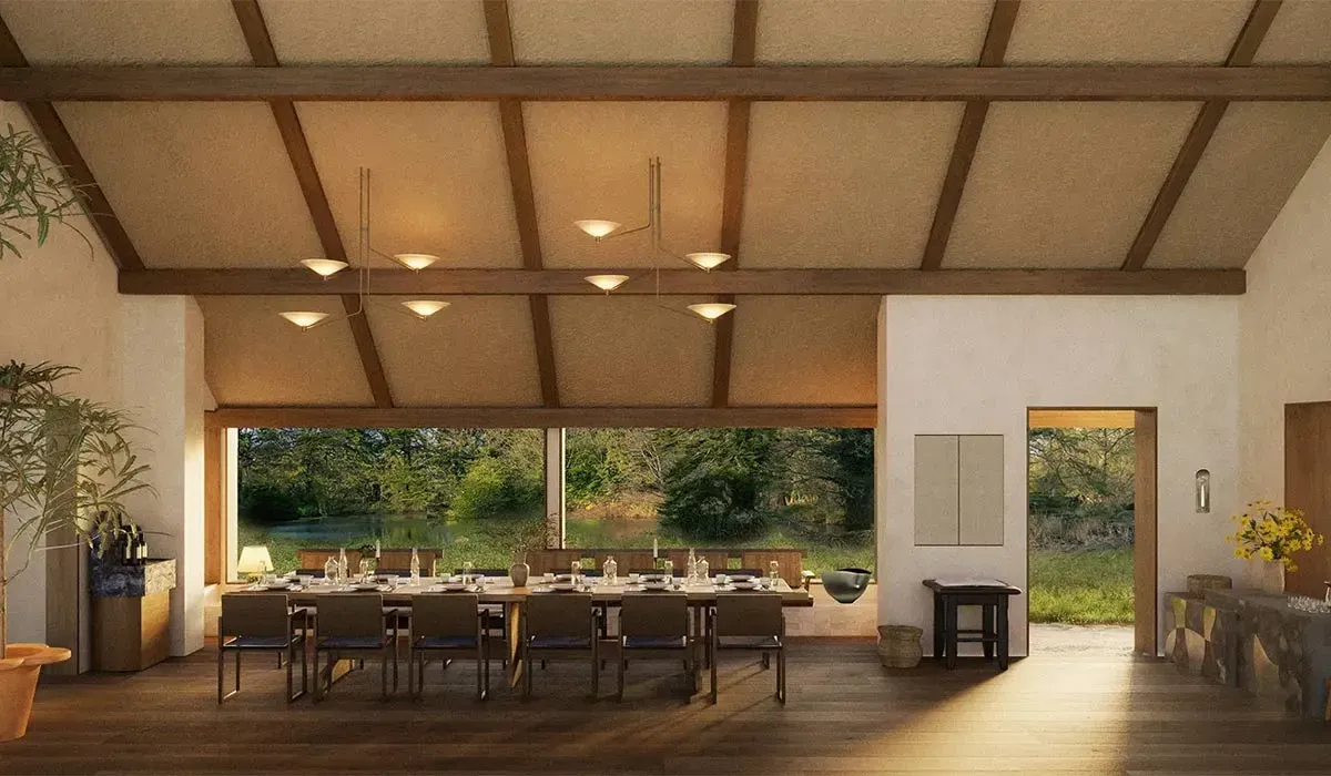 Private dining room at Ómós restaurant, overlooking the millpond
