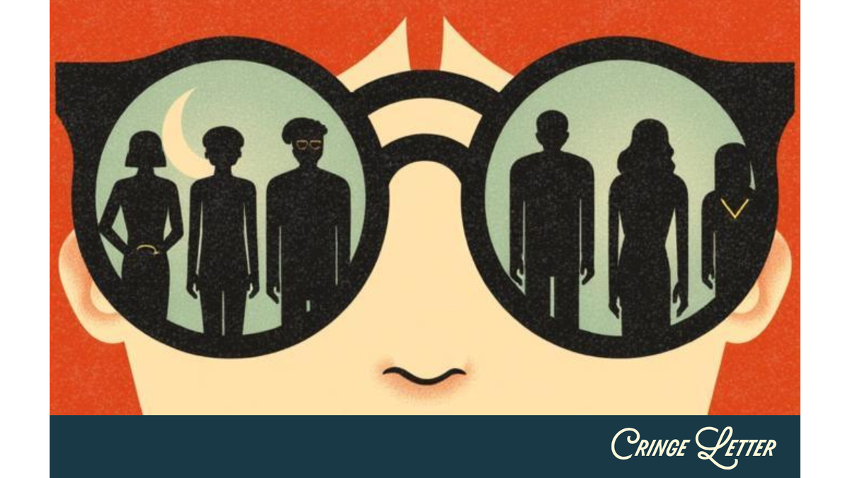 Close-up of redhaired woman wearing sunglasses showing a reflection of silhouettes of people