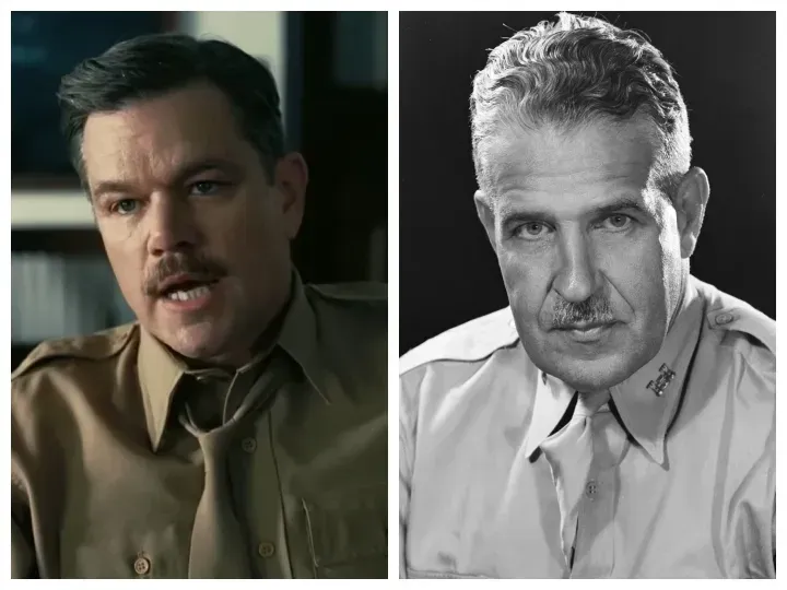 Matt Damon as General Leslie R. Groves (right) in the film Oppenheimer