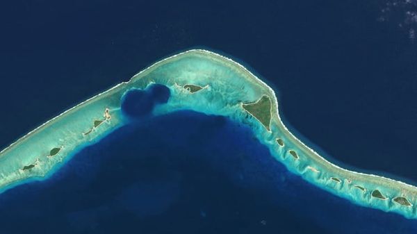 Aerial view of Enewetak Atoll showing nuclear test craters. Gallo Images/Orbital Horizon/Copernicus Sentinel Data 2021