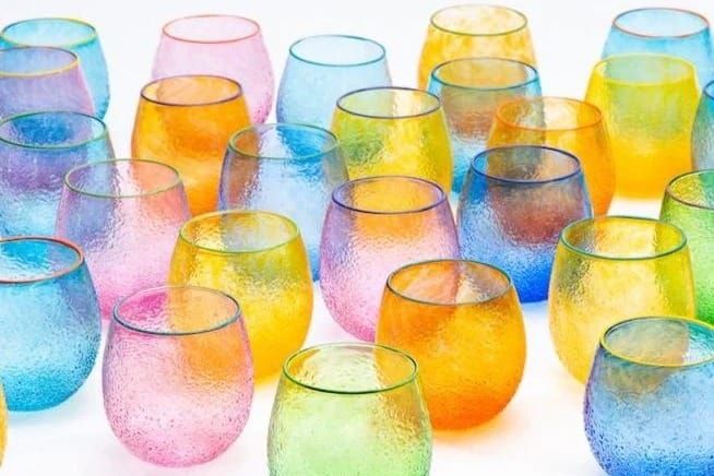 Colorful artisan-made wine glasses crafted by American artisans, curated by The Dowry.