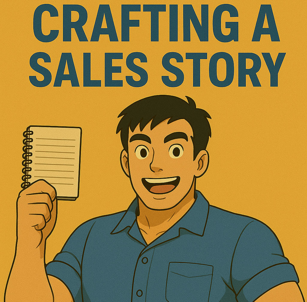 A man standing and holding an open notebook, with the title "Crafting a Sales Story" displayed in bold letters above his head.