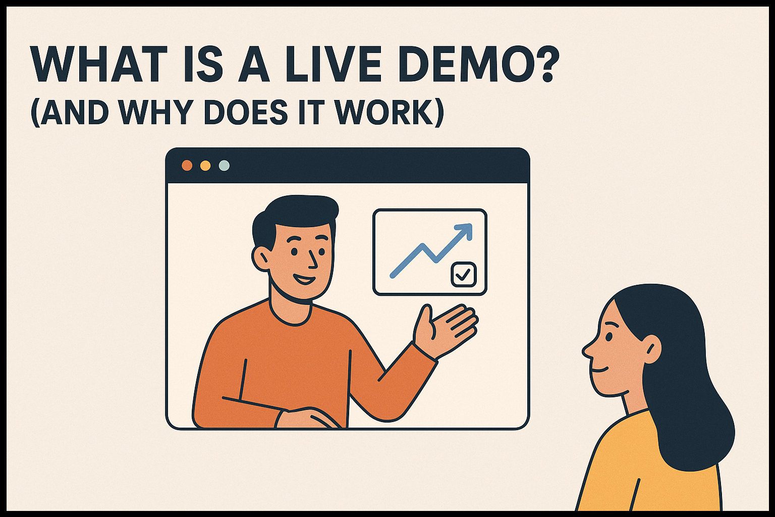 Illustration of a live product demo with presenter and viewer, showcasing value in real time.