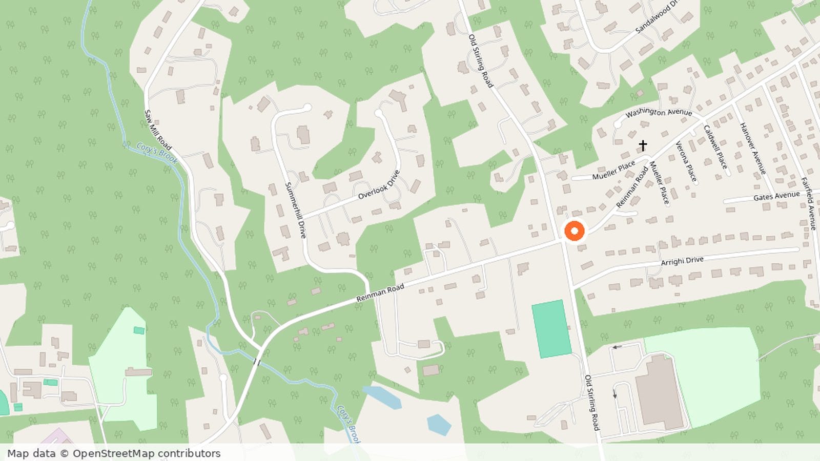 Map of Reinman Road at Old Stirling Road in Warren Township, New Jersey, with the location marked.