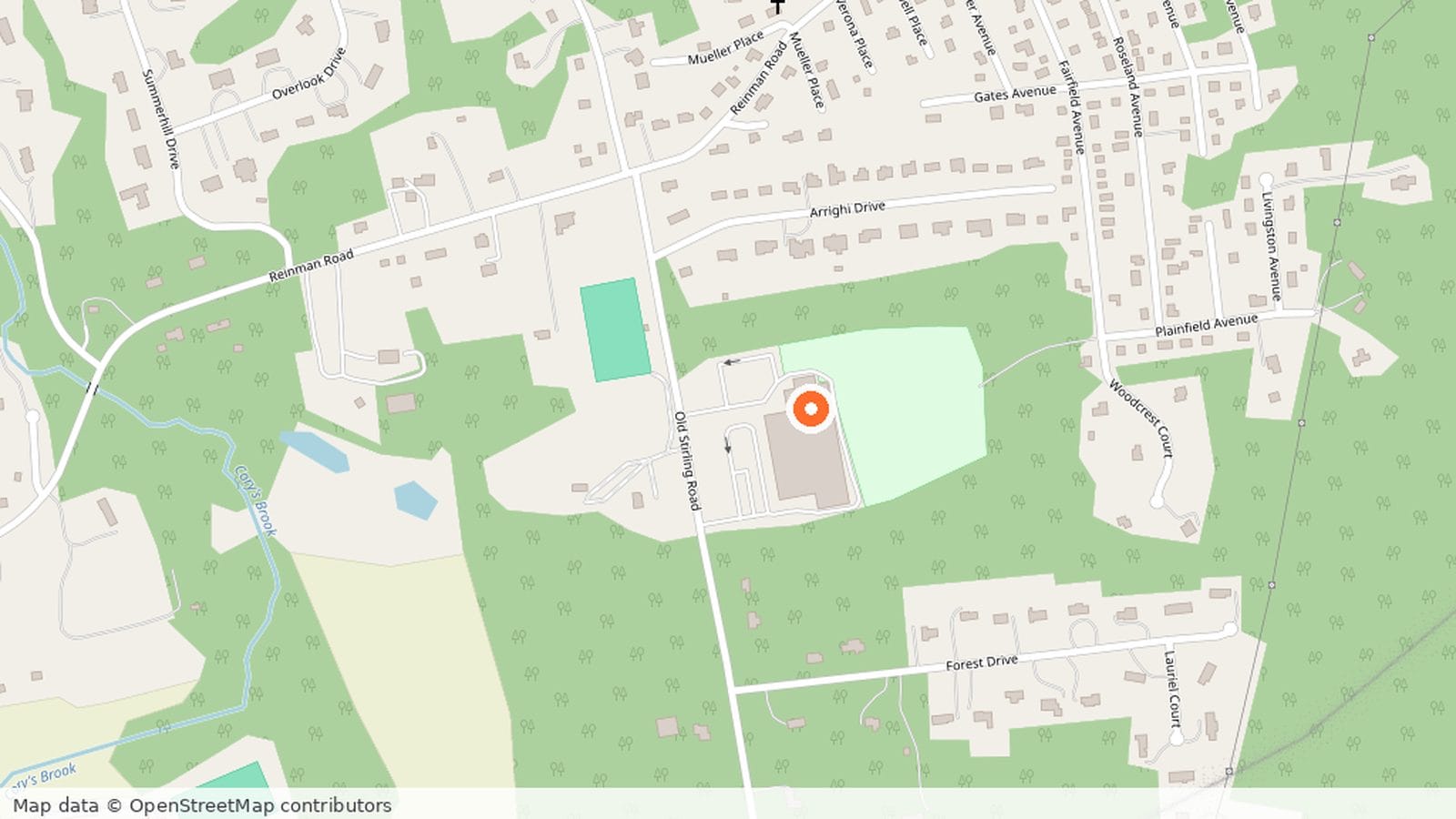 Map of Warren Middle School at 100 Old Stirling Road, Warren Township, New Jersey, with the location marked.