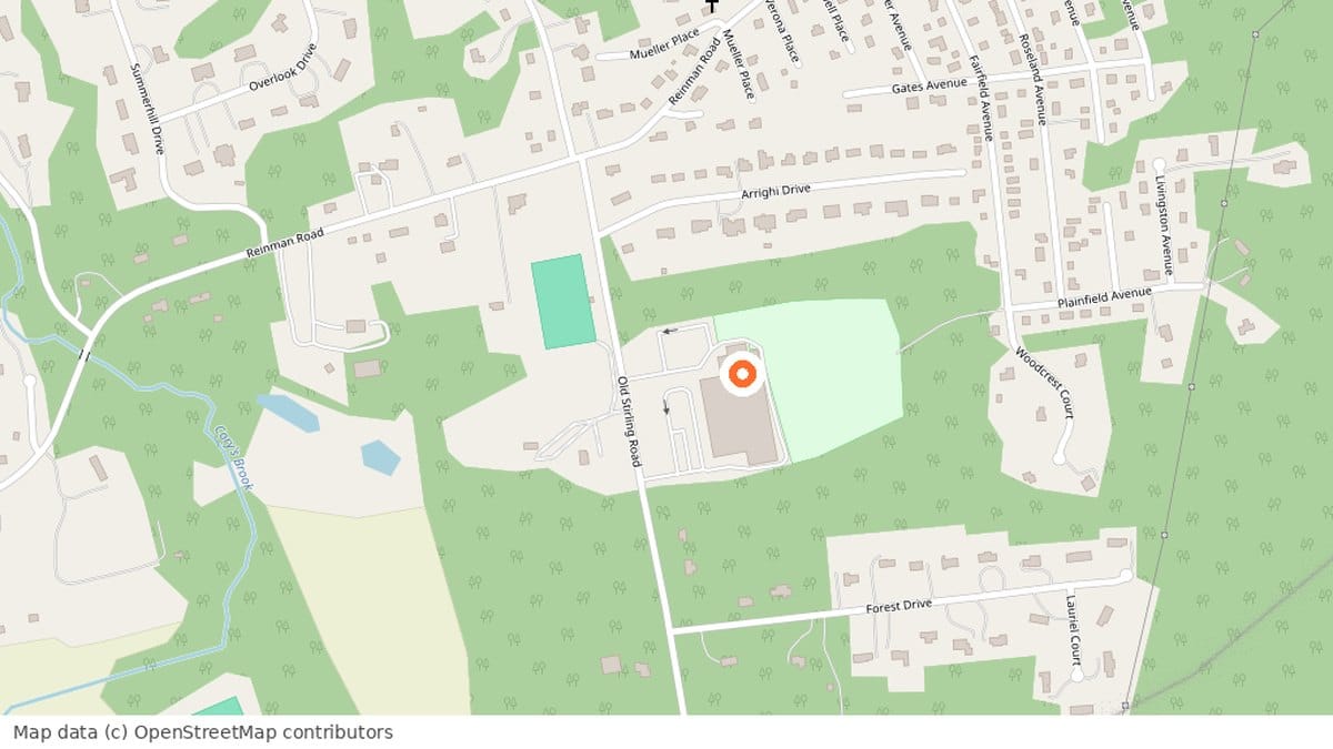 Map of Warren Middle School at 100 Old Stirling Road in Warren Township, New Jersey, with the location marked.