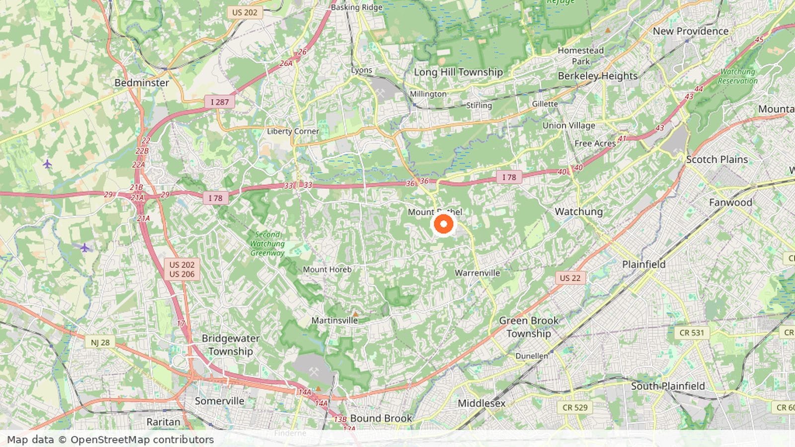 Map of Warren Township, New Jersey and its surroundings, with Interstate 78, Route 22 and the nearby train stations visible and Warren marked.