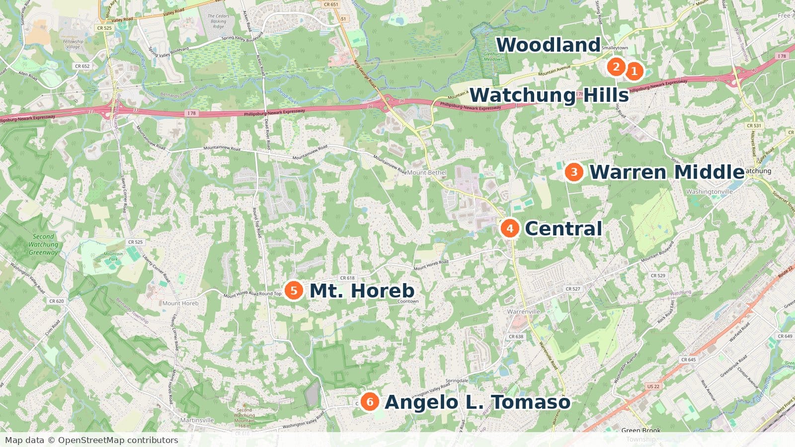 Map of Warren Township, New Jersey, with its six public schools marked: Watchung Hills Regional High School, Woodland, Warren Middle, Central, Mt. Horeb and Angelo L. Tomaso.