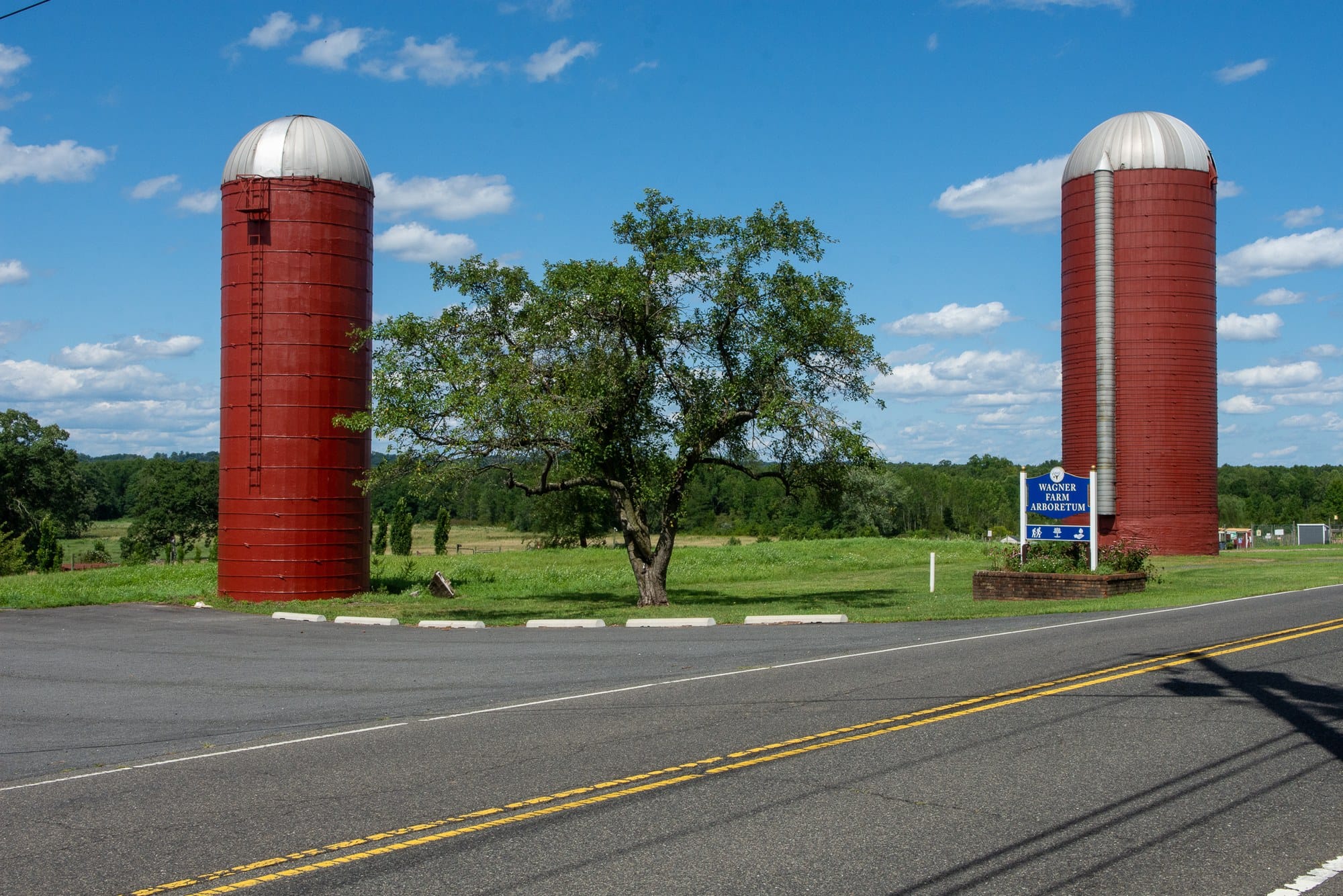 Two red farm silos with domed metal caps standing either side of an old tree on Mountain Avenue in Warren Township, a blue Wagner Farm Arboretum sign at the base of the right silo.