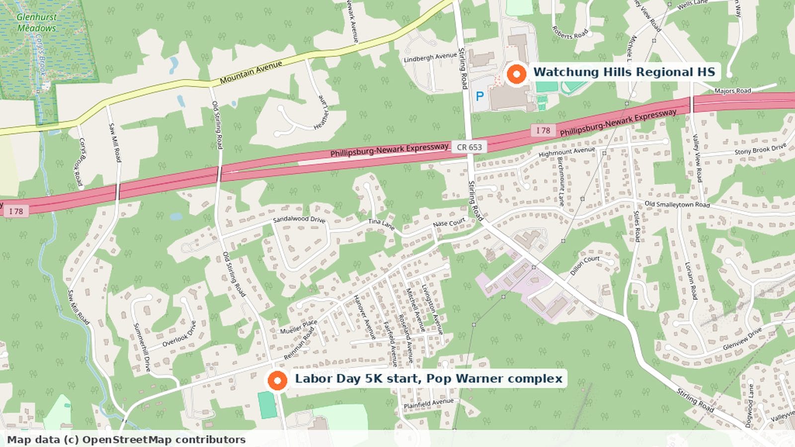 Map of Warren Township showing the Labor Day 5K start at the Pop Warner complex on Old Stirling Road and Watchung Hills Regional High School on Stirling Road.