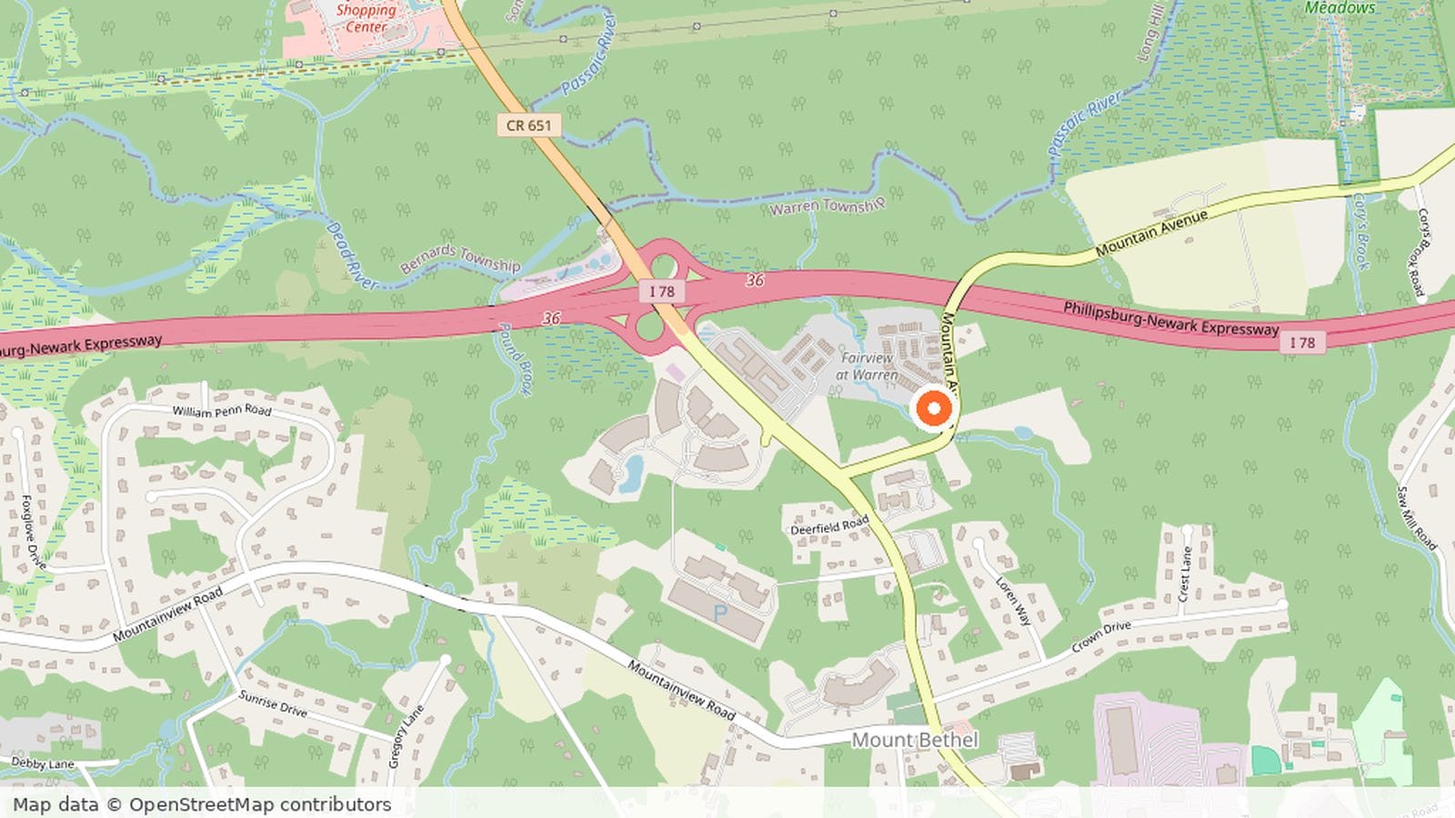 Map of Mountain Avenue between Dahlia Drive and King George Road in Warren Township, New Jersey, with the closed stretch marked.