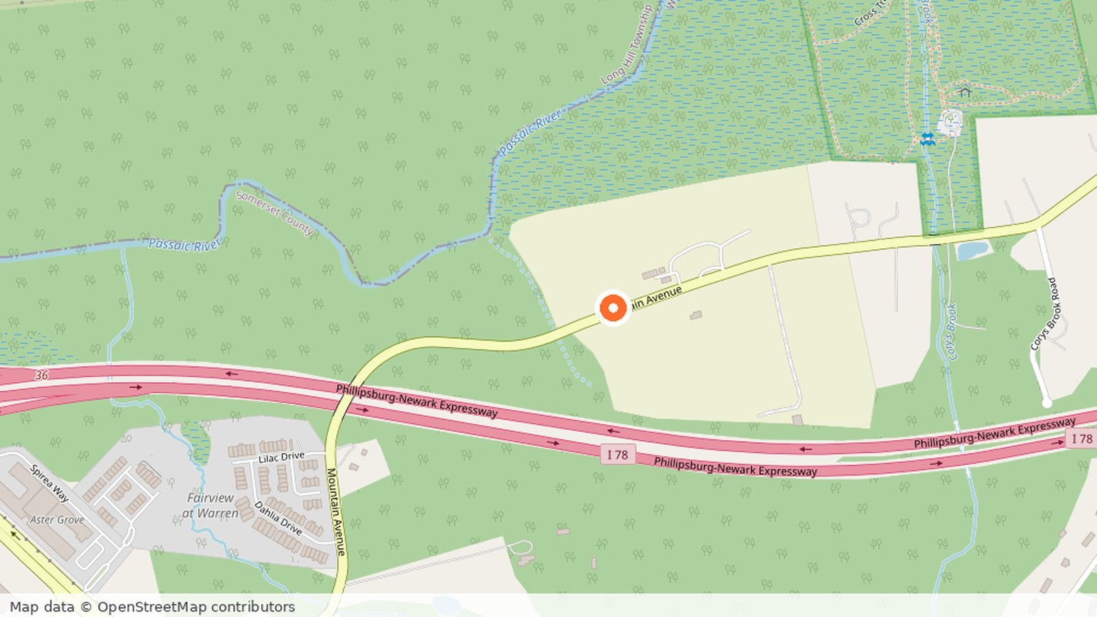 Map of Warren Township showing Wagner Farm Arboretum at 197 Mountain Avenue, north of Interstate 78.