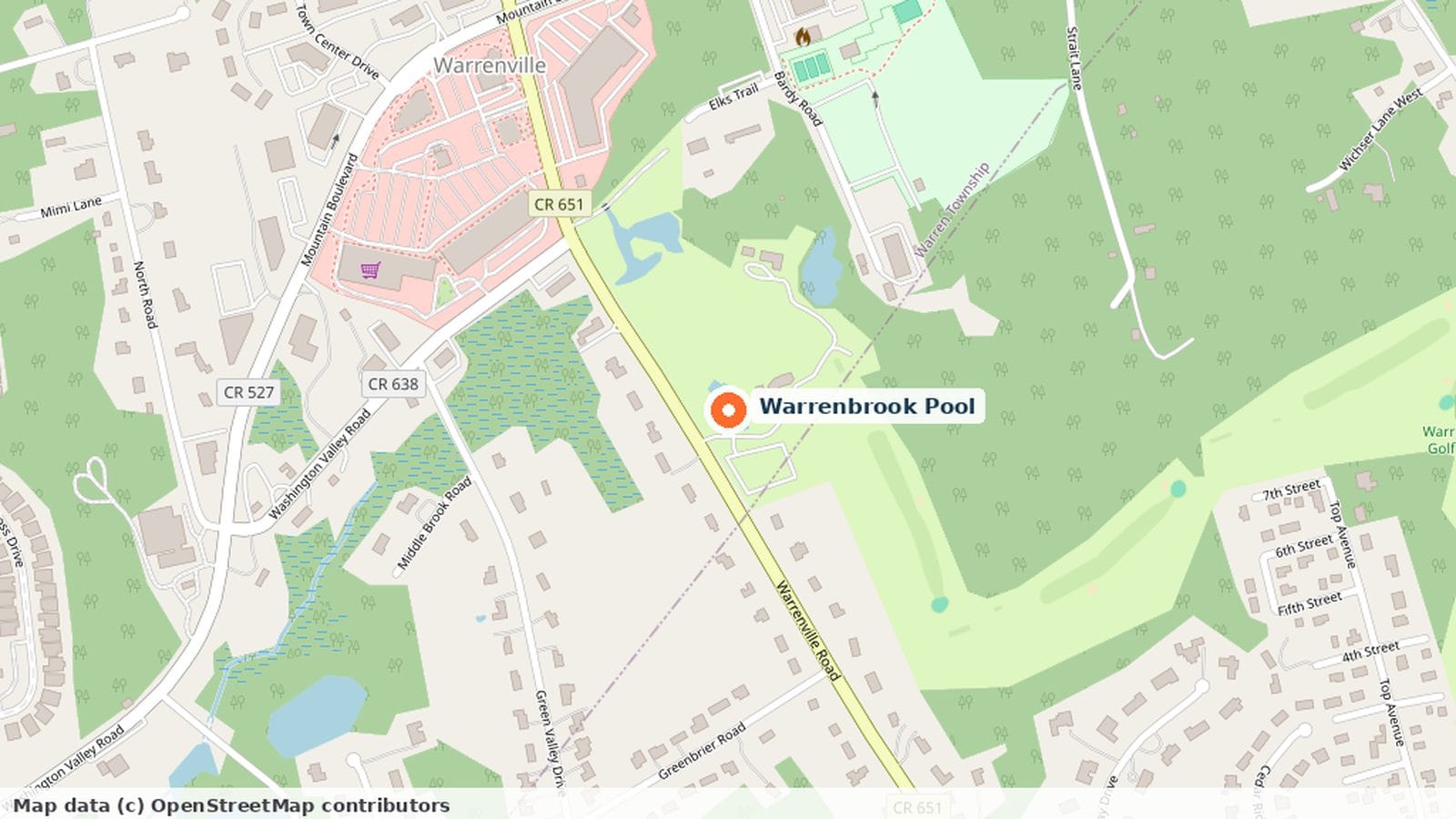 Map of Warrenbrook Pool on Warrenville Road in Warren Township, New Jersey, beside the Warrenbrook golf course.
