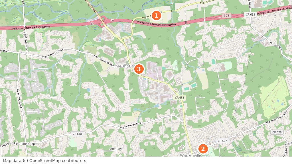 Map of Warren Township with numbered pins at Wagner Farm Arboretum on Mountain Avenue, the Public Works garage on Bardy Road and Our Lady of the Mount on Mount Bethel Road.