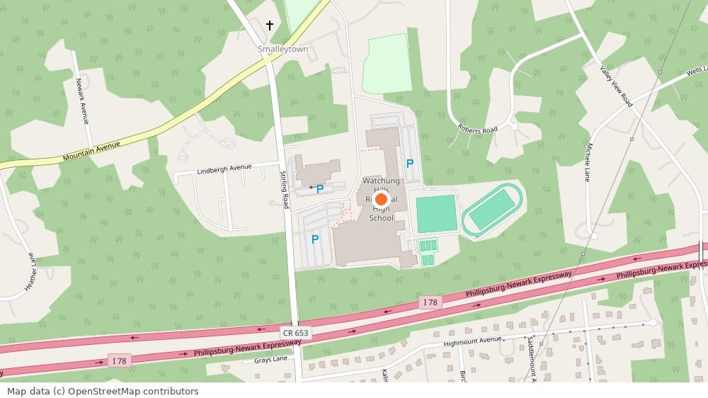 Map of Watchung Hills Regional High School at 108 Stirling Road in Warren Township, New Jersey, with the school marked.