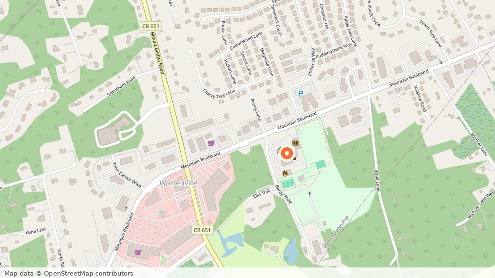 Map of Warren Township, New Jersey showing the municipal complex on Mountain Boulevard at Bardy Road, the site of the Hofheimer House.