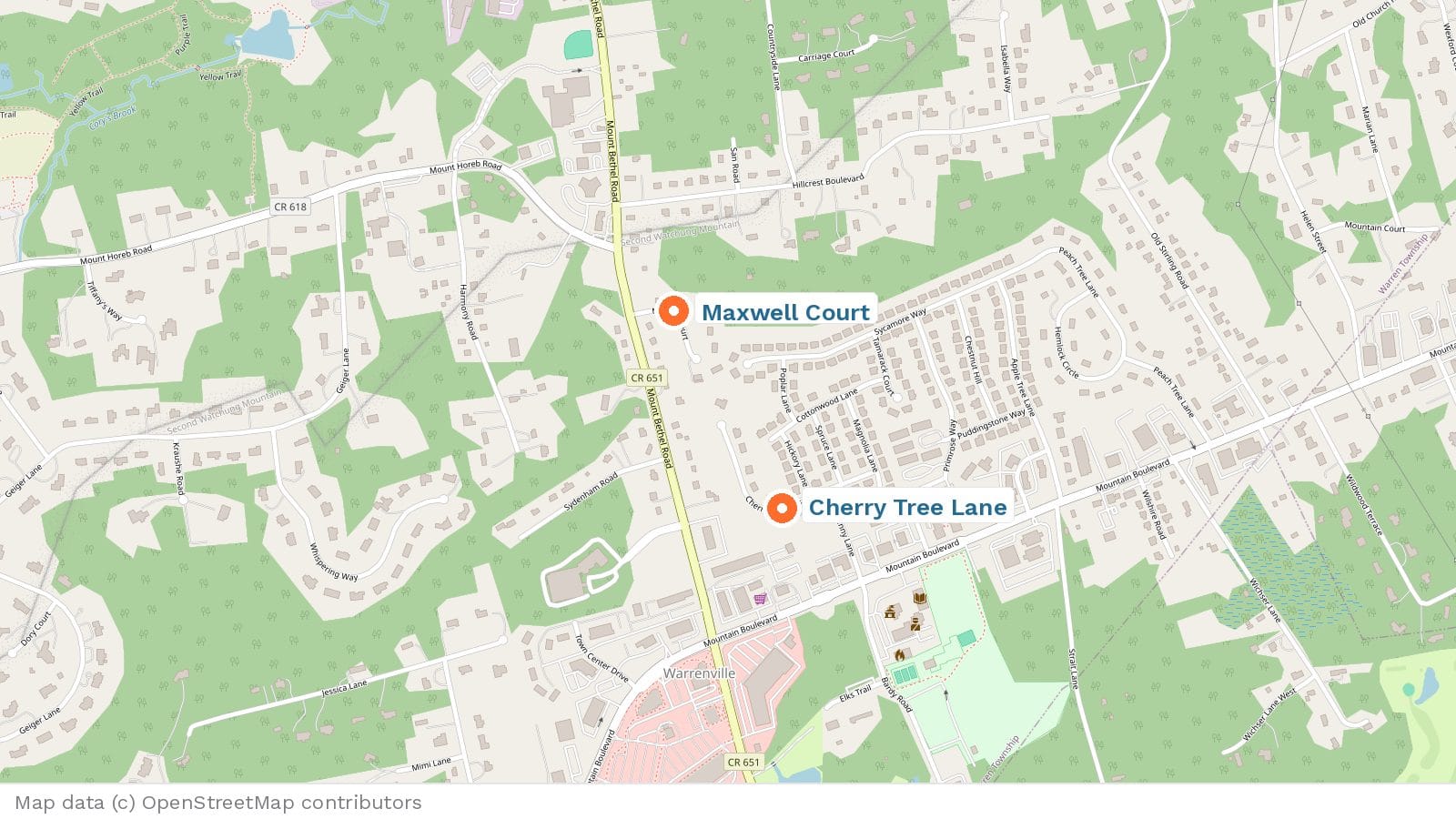 Map of Warren Township, New Jersey with pins on Maxwell Court and Cherry Tree Lane, east of Mount Bethel Road and north of Mountain Boulevard.