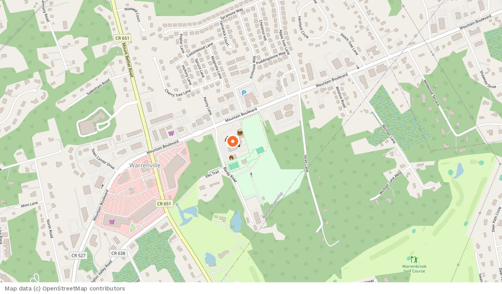 Map of Warren Township, New Jersey with a pin on the municipal complex at Mountain Boulevard and Bardy Road, where the 9/11 Heroes Memorial stands.