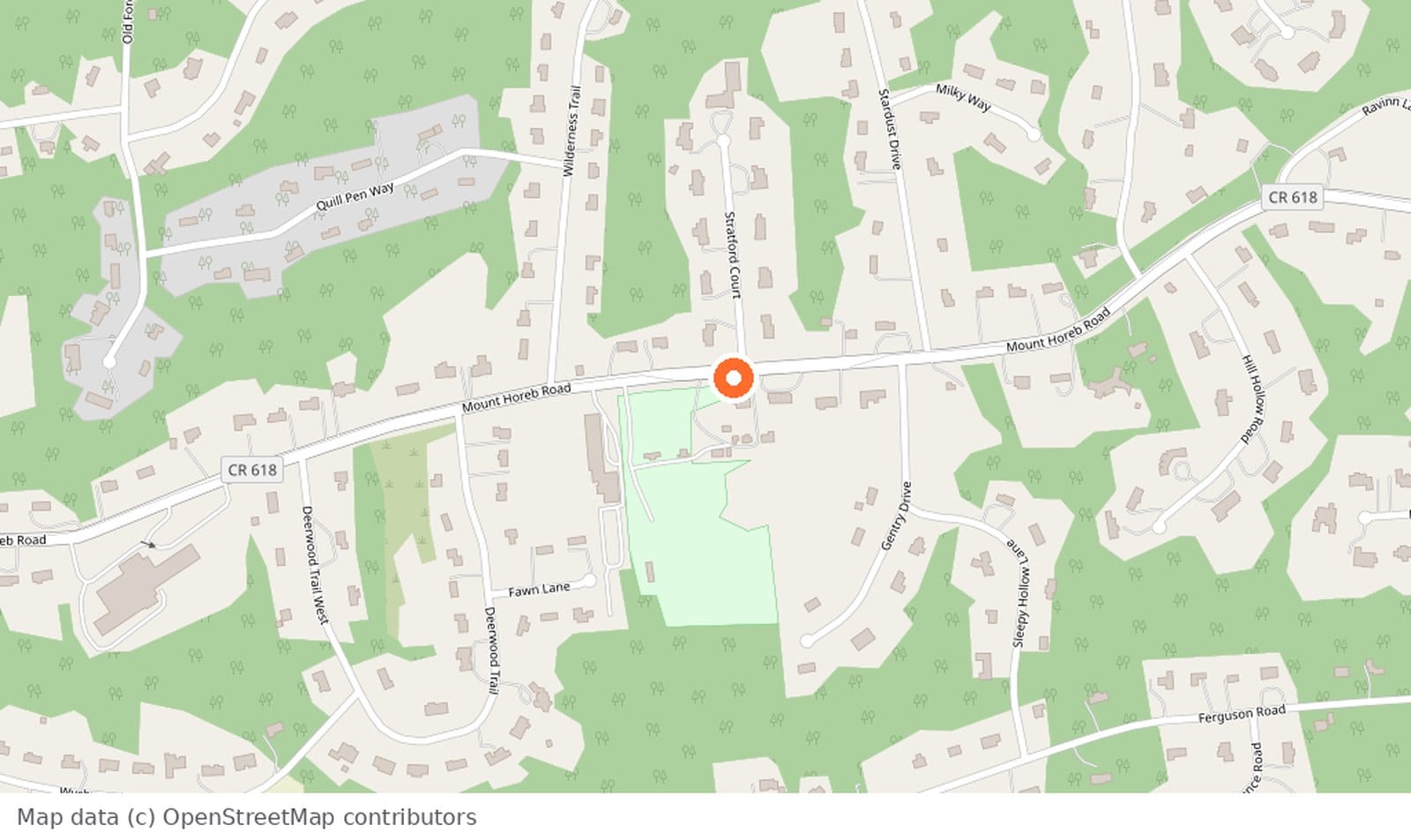 Map of Warren Township, New Jersey with a pin at 106 Mount Horeb Road, the Round Top Swim and Tennis Club, on the south side of Mount Horeb Road at Stratford Court.
