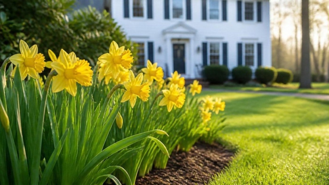 Daffodils in bloom along a front walk