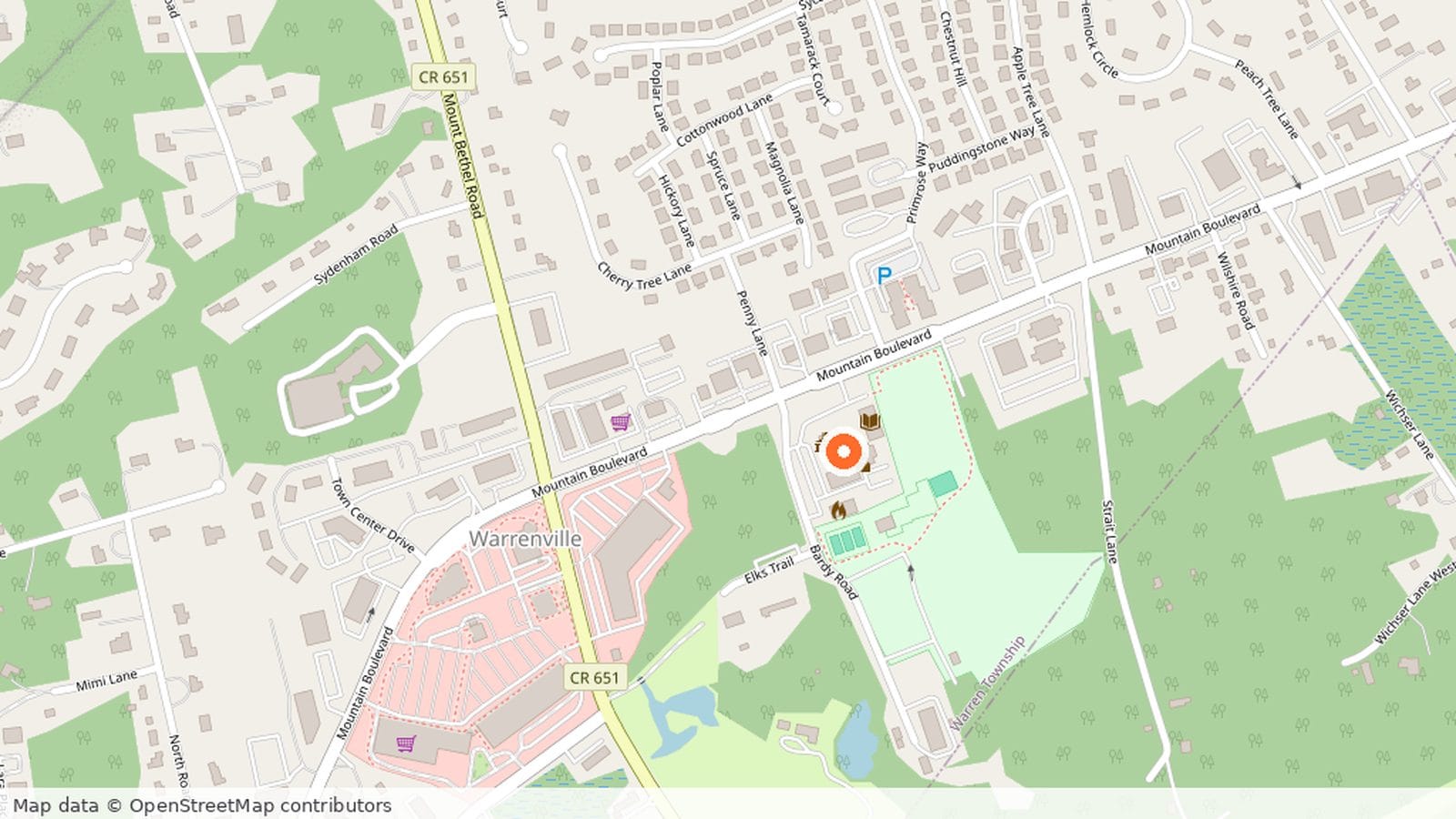 Map of central Warren Township with a pin on the municipal complex off Mountain Boulevard, east of Mount Bethel Road.
