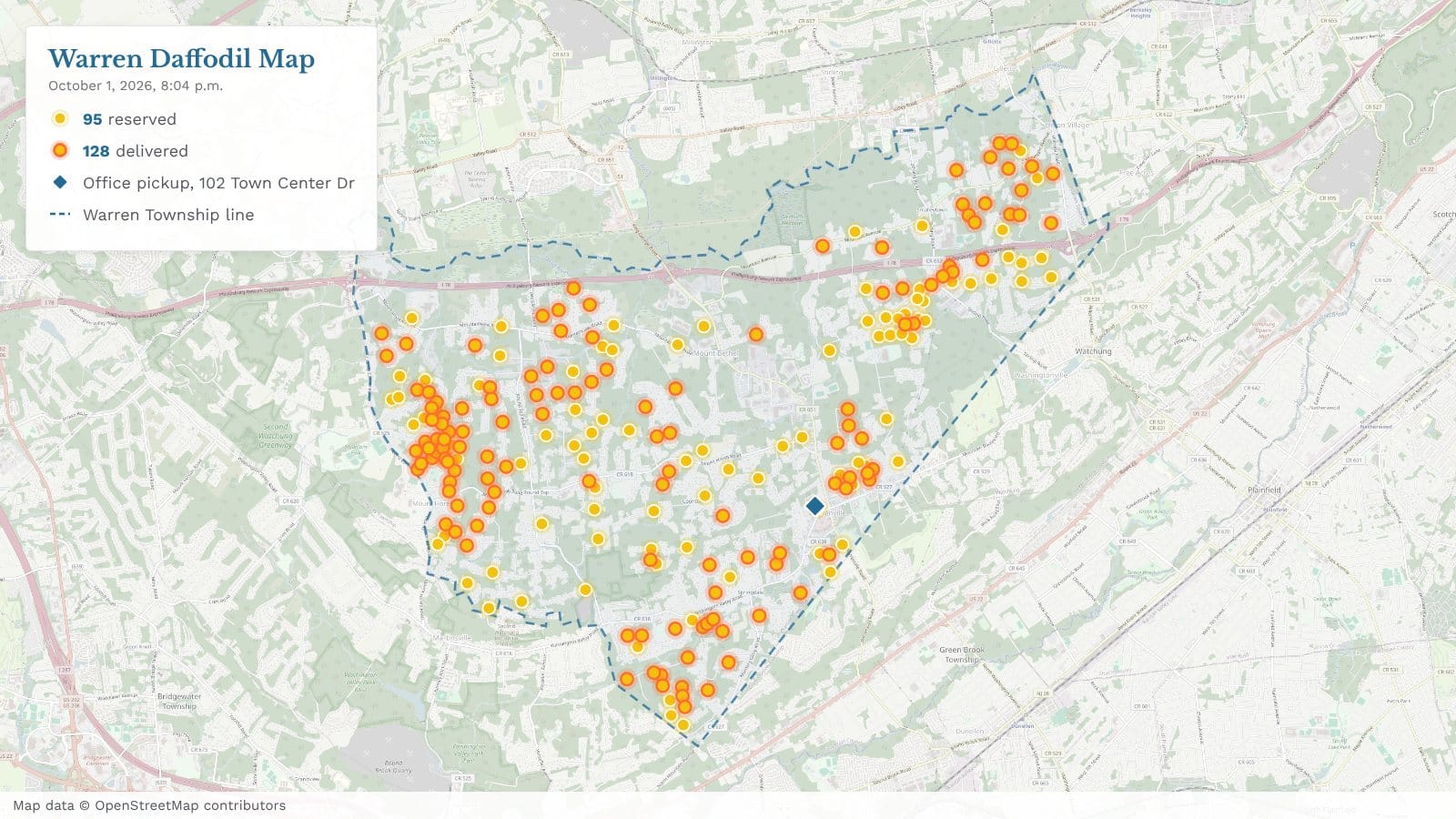 Map of Warren Township with 223 yellow dots for homes that reserved daffodil bulbs, 128 of them ringed in orange for delivered