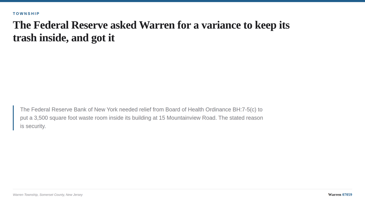A summary card describing the January 14, 2026 Warren Township Board of Health variance for interior solid waste storage at 1