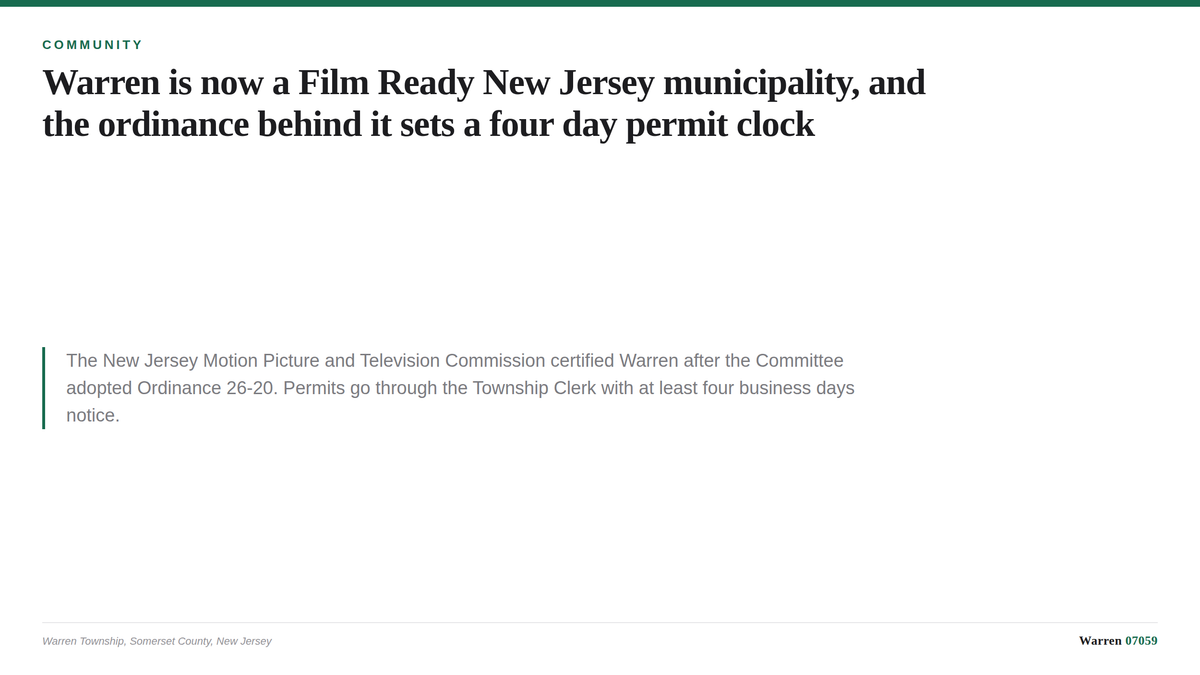 A typographic card summarizing Warren Township's Film Ready New Jersey certification.