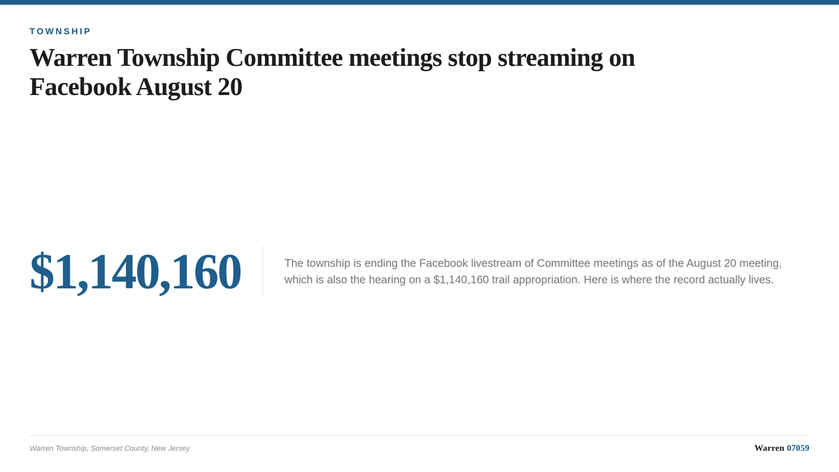 A typographic card summarizing the end of Facebook livestreaming for Warren Township Committee meetings.