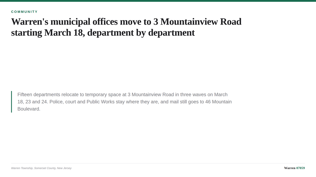 A summary card listing which Warren Township departments move to 3 Mountainview Road on March 18, March 23 and March 24.