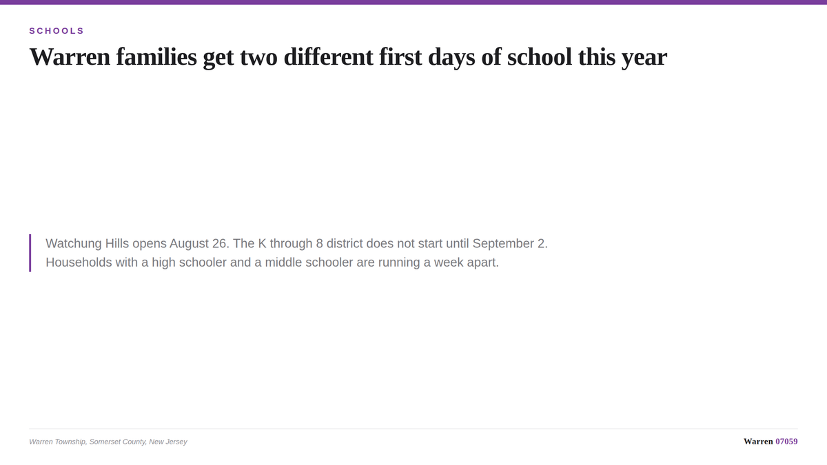 Title card about Warren school start dates, on a white background with an orange rule.