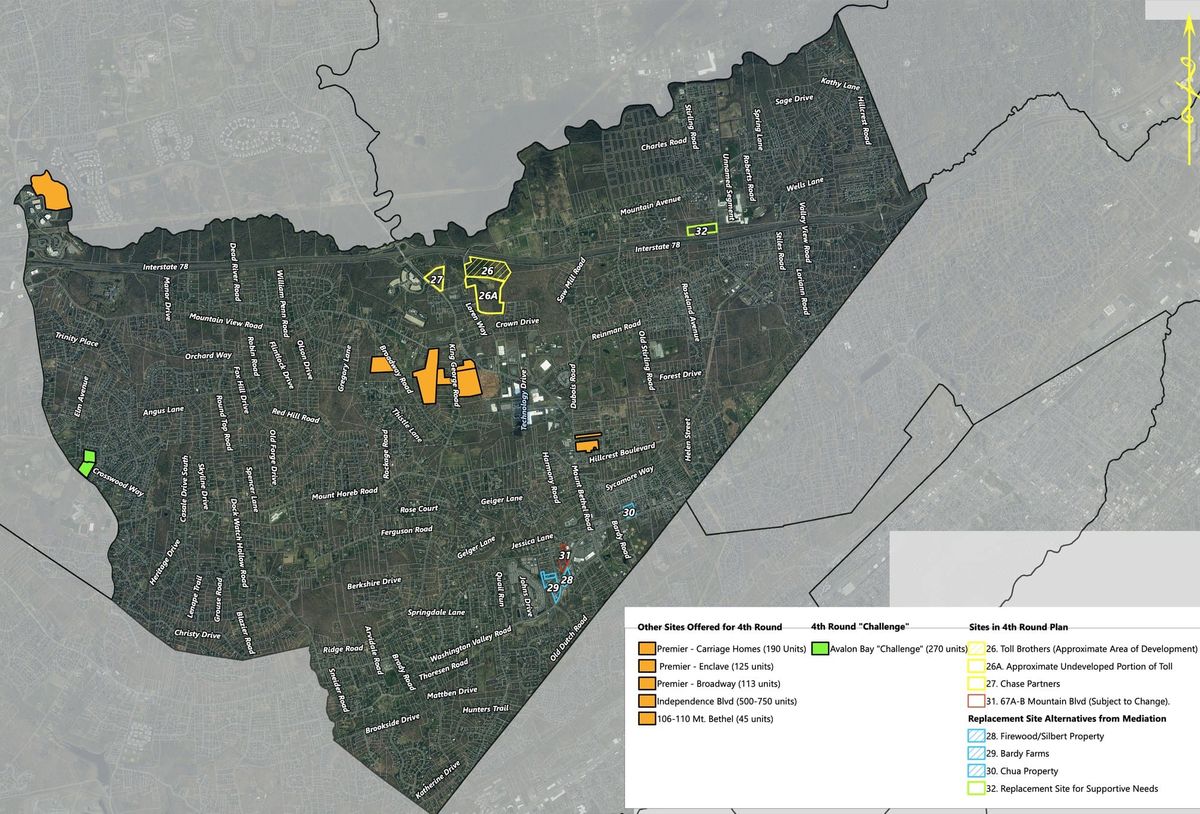 The Township of Warren Fourth Round affordable housing site map, an aerial of the township with the plan sites outlined and numbered.